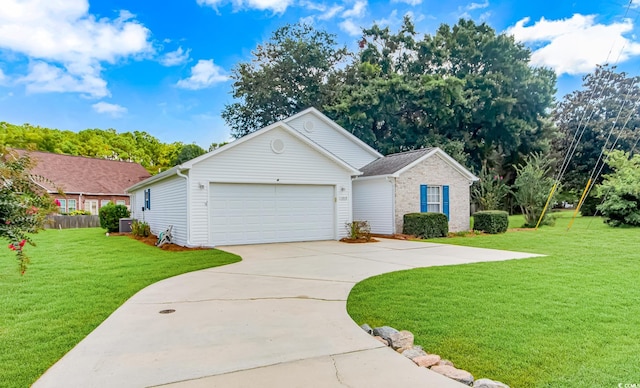 single story home featuring a garage and a front yard