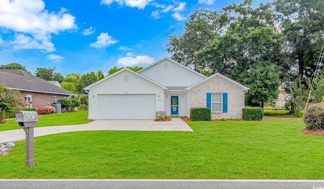 single story home featuring a garage and a front yard