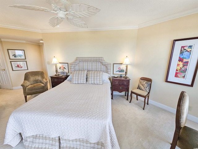 bedroom featuring ornamental molding, light carpet, and ceiling fan