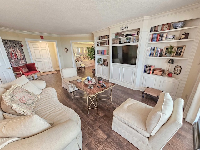 living room with ornamental molding, a textured ceiling, and dark wood-type flooring