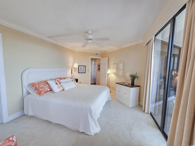 carpeted bedroom featuring crown molding, access to outside, and ceiling fan