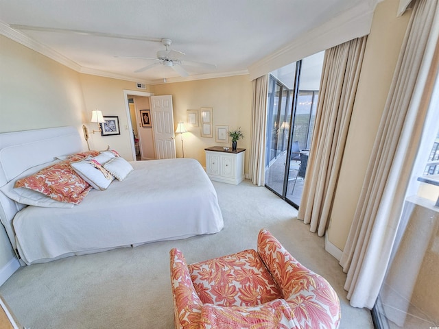 carpeted bedroom with access to outside, crown molding, and ceiling fan