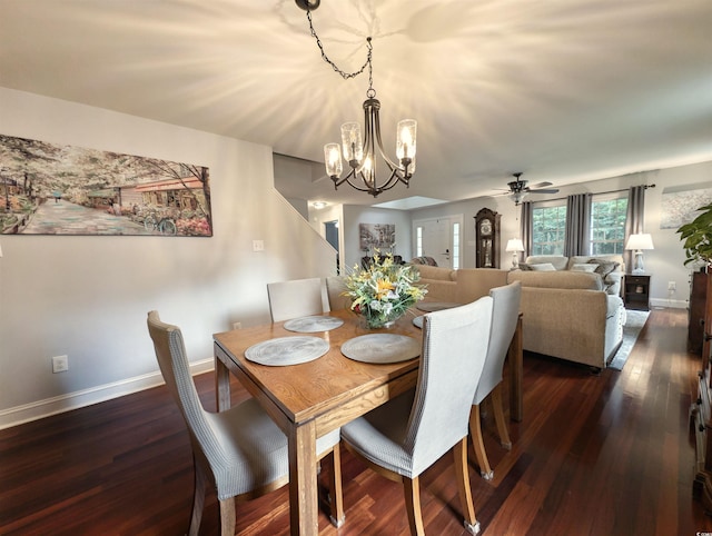 dining room with dark wood-type flooring and ceiling fan with notable chandelier