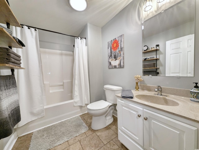 full bathroom featuring vanity, toilet, shower / bath combination with curtain, and tile patterned floors