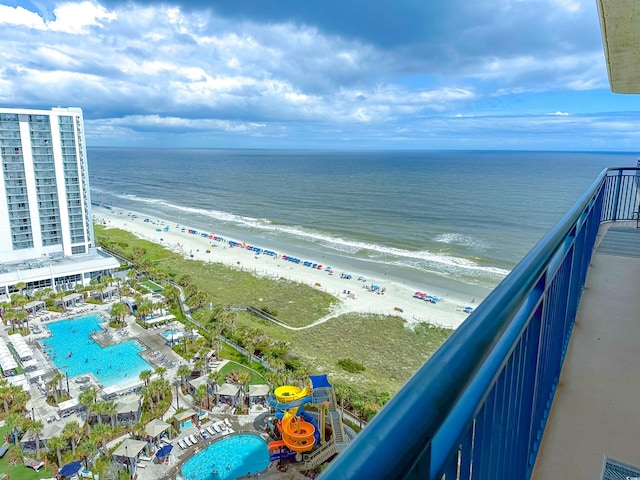 view of water feature with a beach view