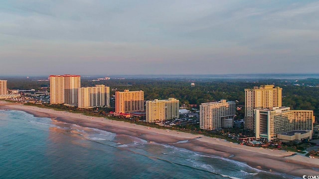 bird's eye view featuring a beach view and a water view