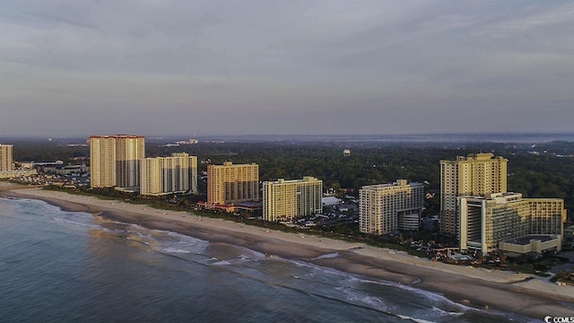 bird's eye view with a water view, a beach view, and a city view