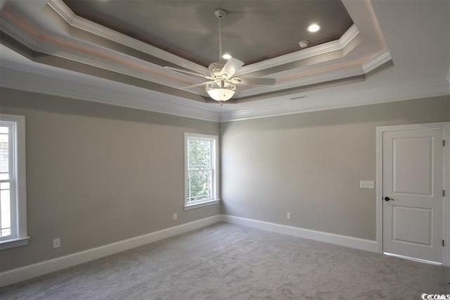 spare room with a tray ceiling, ornamental molding, ceiling fan, and carpet floors