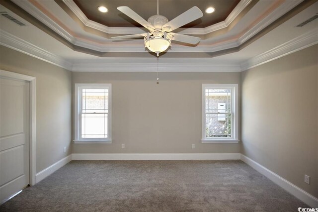 spare room featuring ceiling fan, a raised ceiling, crown molding, and carpet floors