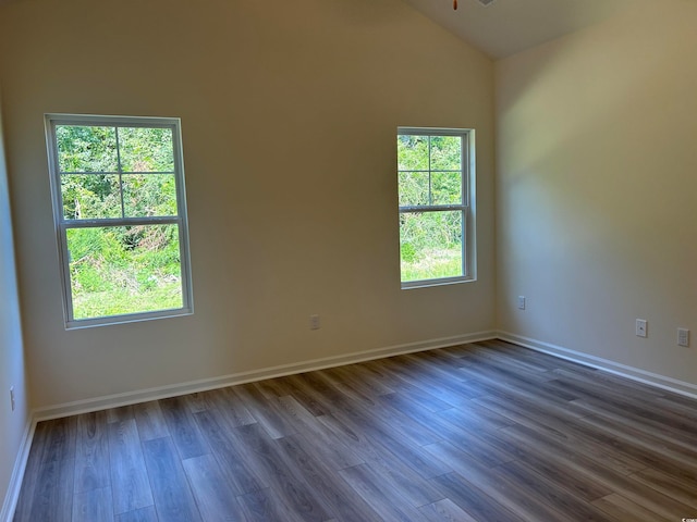 spare room with lofted ceiling, plenty of natural light, and dark wood-type flooring