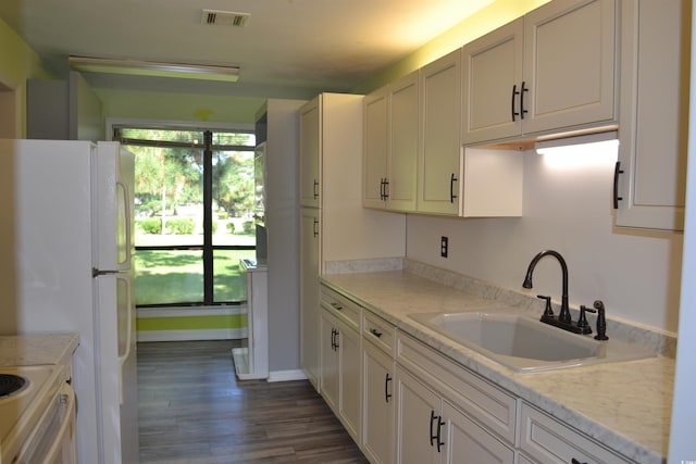 kitchen featuring white cabinets, light stone counters, dark wood-type flooring, and sink