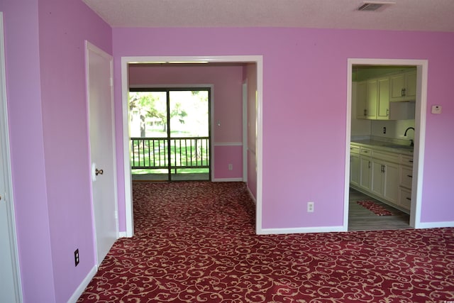 carpeted empty room with a textured ceiling and sink