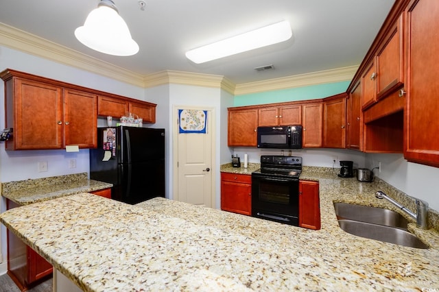 kitchen with black appliances, crown molding, kitchen peninsula, sink, and light stone counters