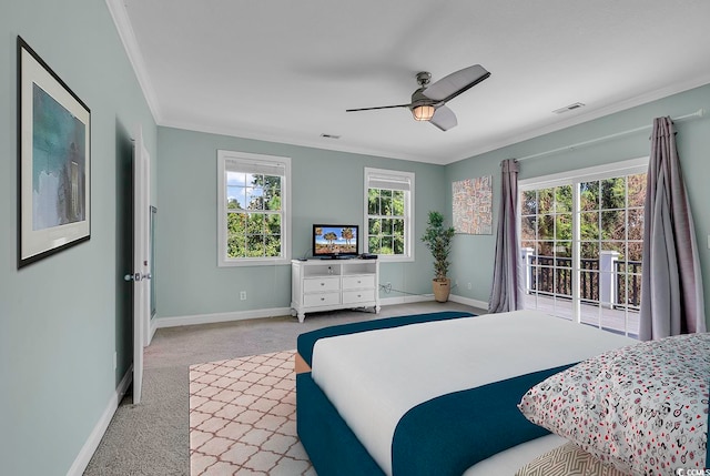 bedroom featuring crown molding, light colored carpet, access to outside, and ceiling fan