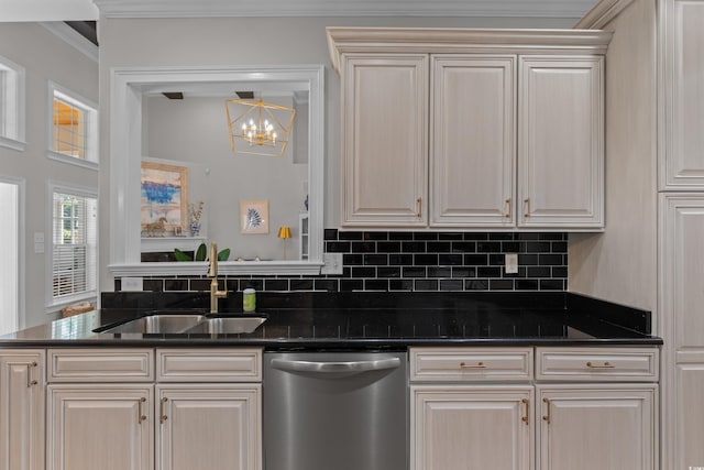 kitchen featuring a notable chandelier, crown molding, sink, decorative backsplash, and stainless steel dishwasher