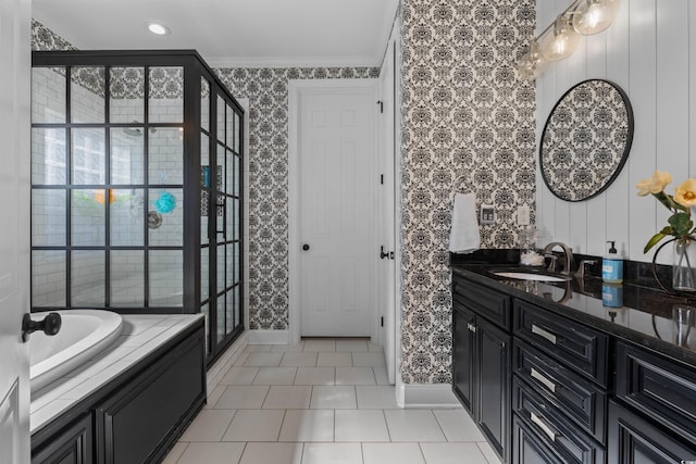 bathroom with tile patterned flooring, shower with separate bathtub, crown molding, and vanity