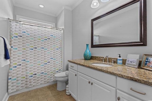 bathroom featuring crown molding, toilet, vanity, and a shower with curtain