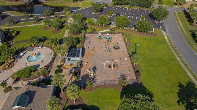 aerial view featuring a water view