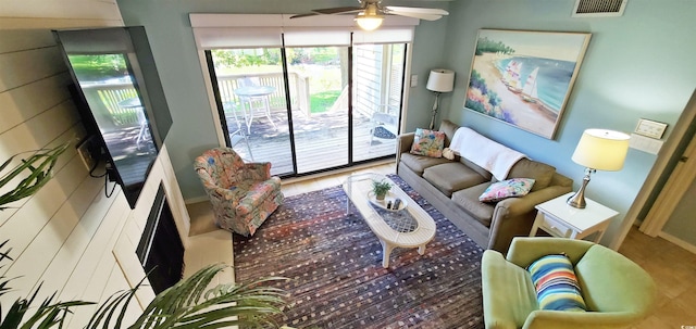 living room with ceiling fan