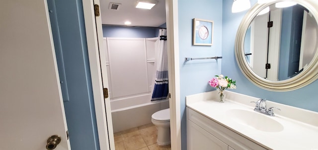 full bathroom with vanity, tile patterned flooring, shower / bath combo, and toilet