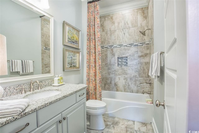 full bathroom with shower / bath combination with curtain, vanity, and toilet