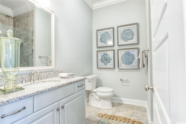 bathroom featuring a tile shower, tile patterned flooring, crown molding, vanity, and toilet