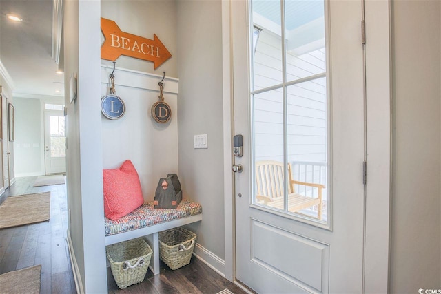 mudroom with crown molding and dark hardwood / wood-style flooring