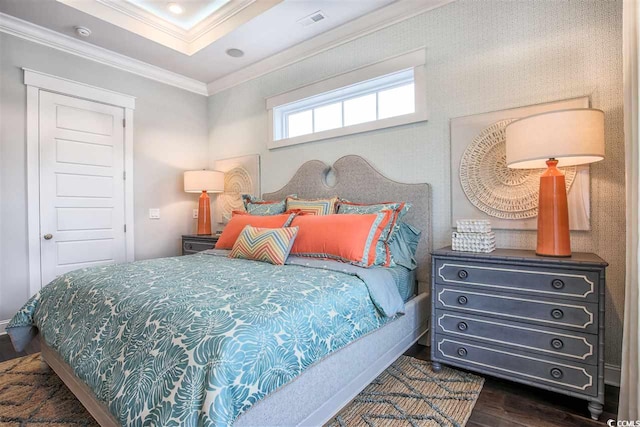 bedroom featuring ornamental molding and dark wood-type flooring