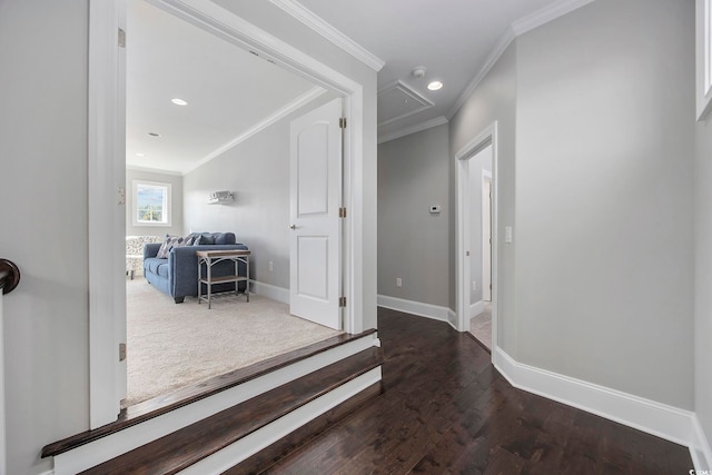 hallway with ornamental molding and dark hardwood / wood-style flooring