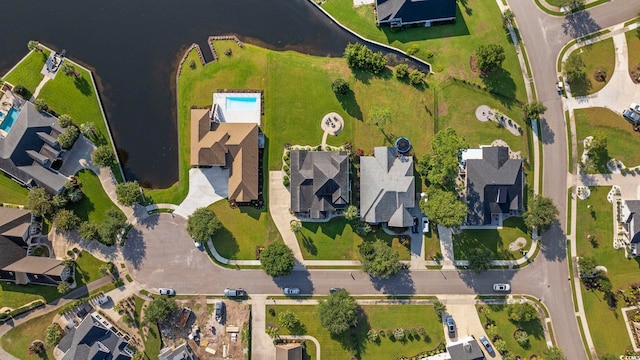 aerial view featuring a water view