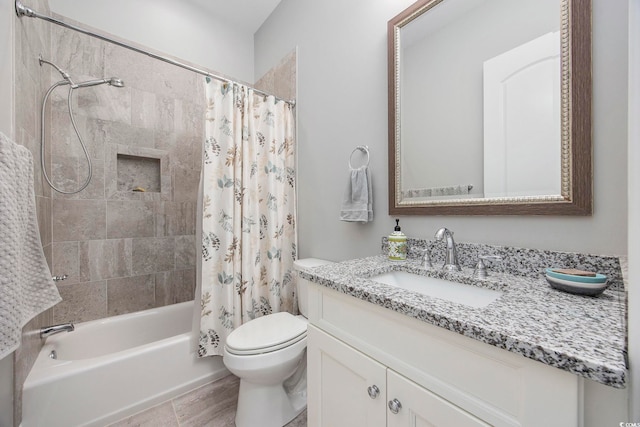 full bathroom featuring vanity, toilet, shower / tub combo, and tile patterned floors