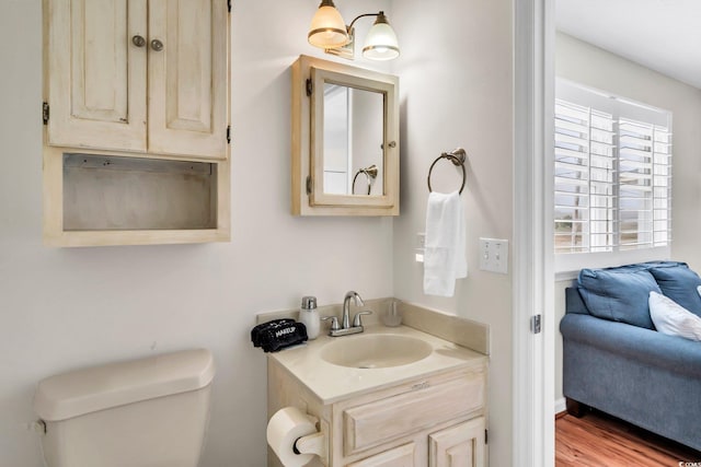 half bath featuring vanity, toilet, and wood finished floors