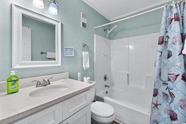 full bathroom with vanity, a textured ceiling, toilet, and shower / tub combo with curtain