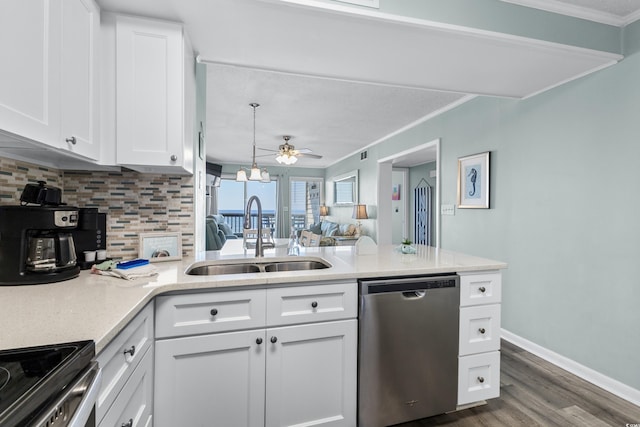 kitchen with ceiling fan, white cabinets, stainless steel appliances, and sink