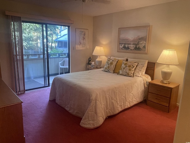 bedroom with access to outside, dark colored carpet, and ceiling fan