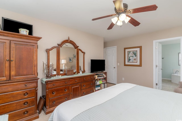 bedroom featuring ceiling fan and ensuite bath