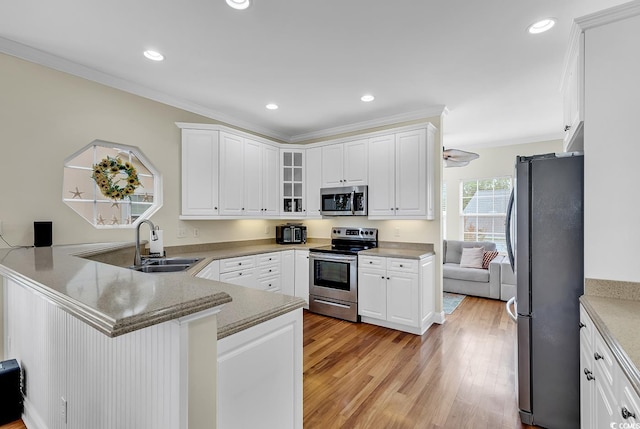 kitchen with a peninsula, ornamental molding, stainless steel appliances, and a sink