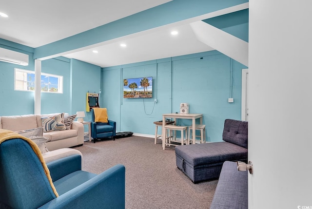 carpeted living area with baseboards, beamed ceiling, a wall mounted air conditioner, and recessed lighting