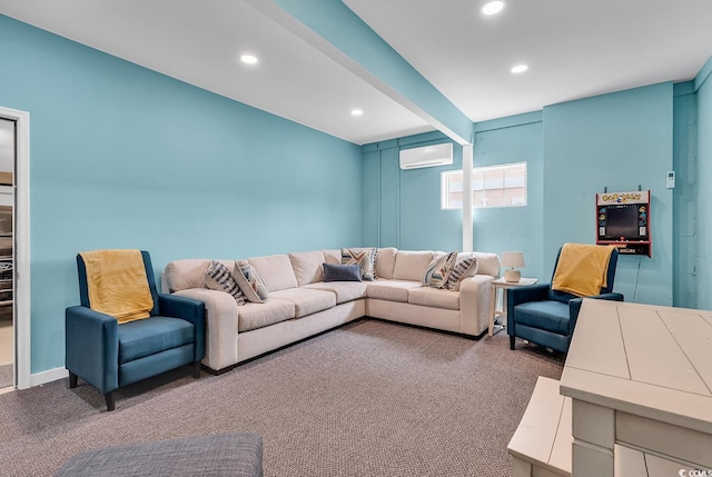 living room with carpet, a wall mounted air conditioner, beam ceiling, and recessed lighting