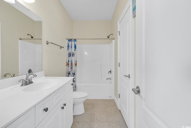 full bath featuring shower / bathtub combination with curtain, vanity, toilet, and tile patterned floors