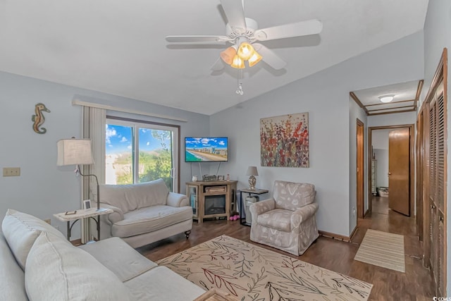 305 Resort Dr Unit C12, Myrtle Beach, SC 29588 - living room with lofted ceiling, a ceiling fan, wood finished floors, and baseboards