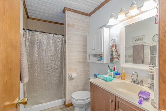 bathroom with wood ceiling, vanity, toilet, and wooden walls