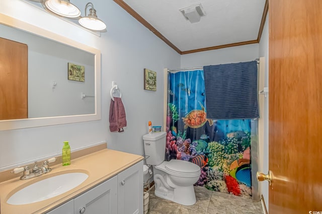 bathroom with a shower with shower curtain, crown molding, tile patterned floors, toilet, and vanity