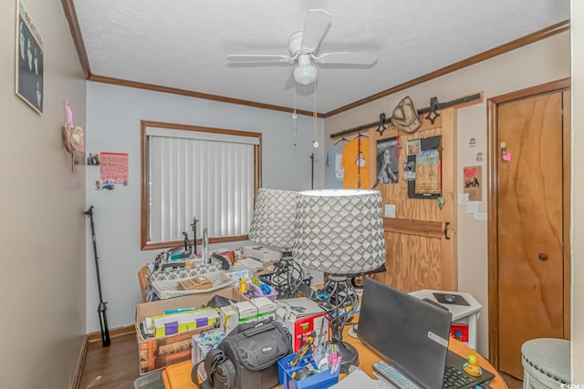 miscellaneous room featuring ceiling fan, hardwood / wood-style flooring, and ornamental molding