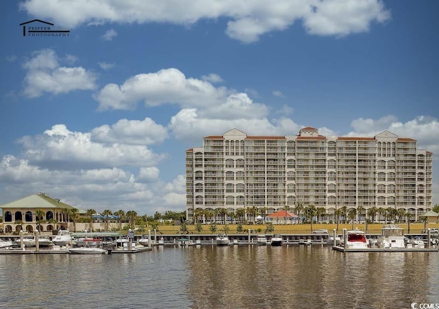 property view of water featuring a boat dock