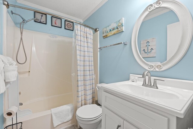 full bathroom featuring a textured ceiling, vanity, toilet, and shower / bath combo with shower curtain