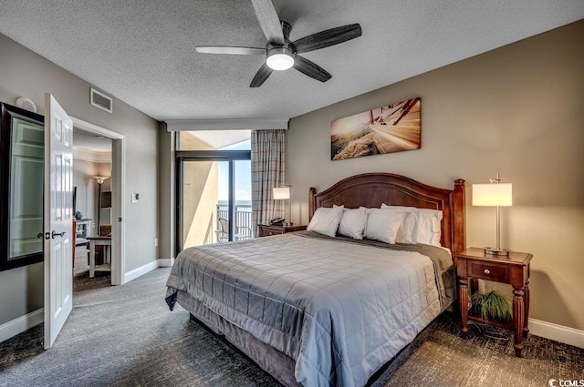 bedroom with visible vents, baseboards, access to exterior, carpet, and a textured ceiling