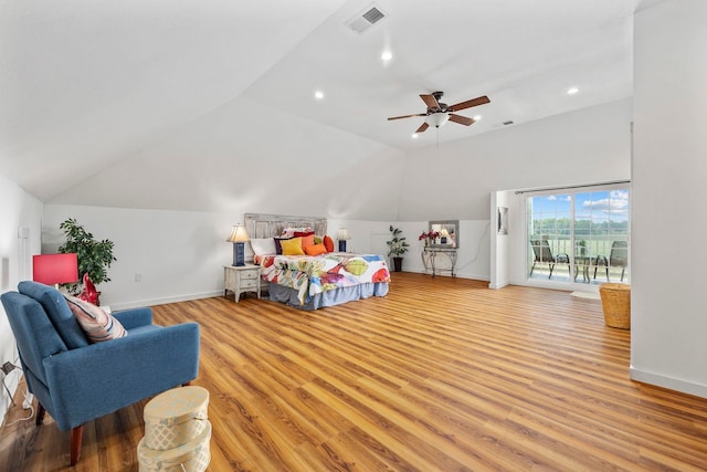 bedroom with vaulted ceiling, access to outside, wood-type flooring, and ceiling fan