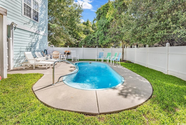 view of swimming pool featuring a lawn and a patio area