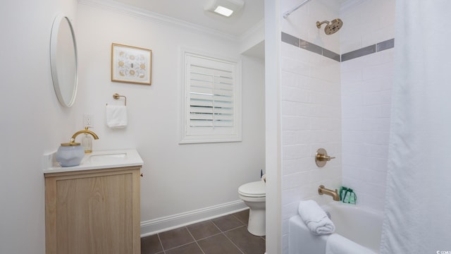 full bathroom featuring vanity, crown molding, shower / bath combo, tile patterned flooring, and toilet